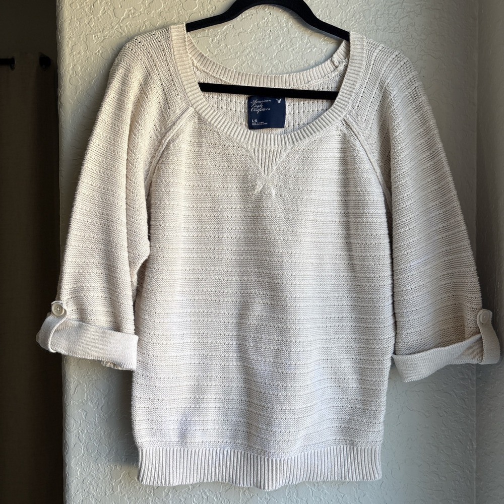 American Eagle Womens L Textured Knit Sweater Cream 3/4 Button Sleeve Cotton